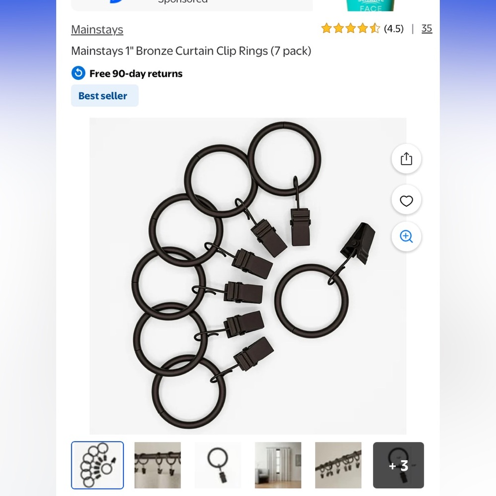 21 pack-Mainstays Bronze Curtain Clip Rings
